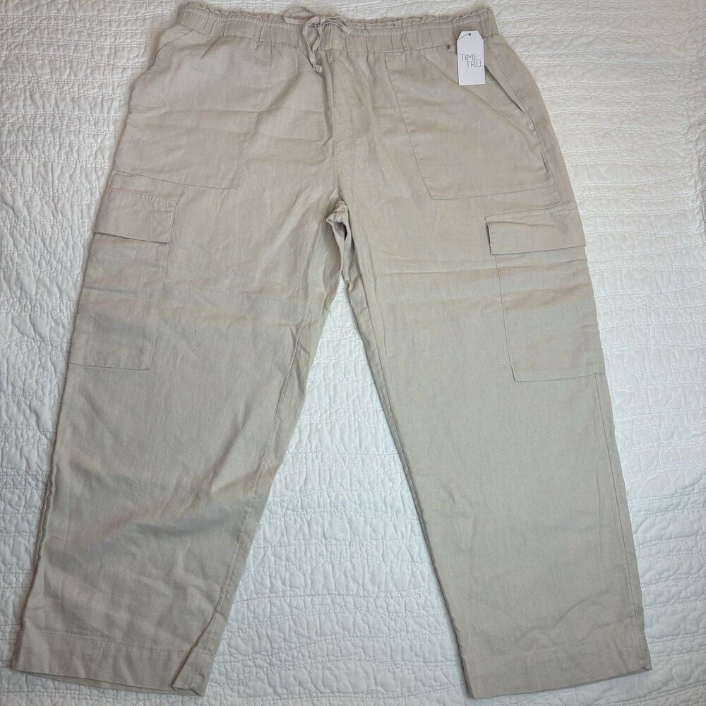 NEW linen blend cargo pants womens Sz XXL (20) beige pull on waist relaxed comfy